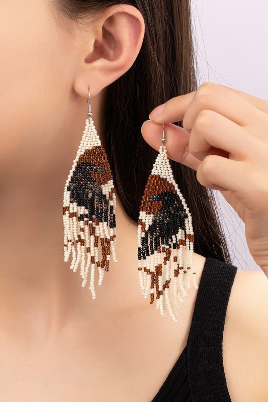 Boho long Handwoven seed bead raven earrings