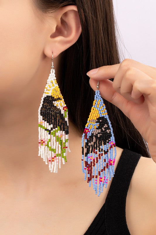 Boho long seed bead raven earrings