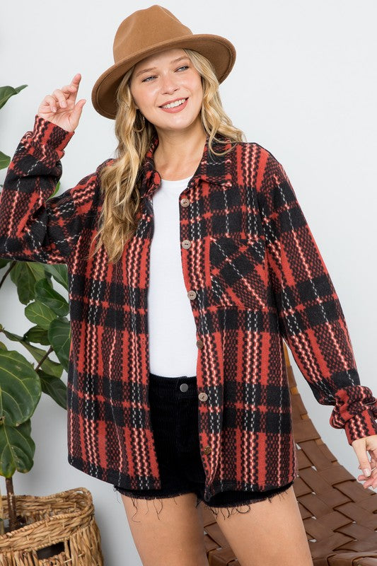 FUZZY PLAID BUTTON DOWN SHACKET