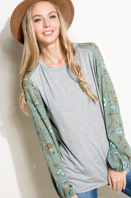 PLUS SOLID AND FLORAL PRINT MIXED CASUAL TOP