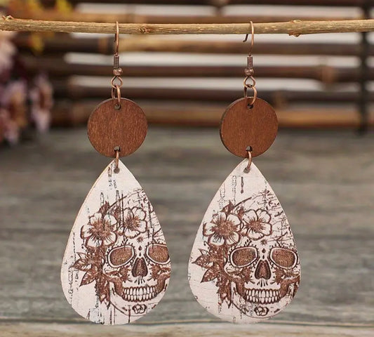 Teardrop Wooden Skull Earrings