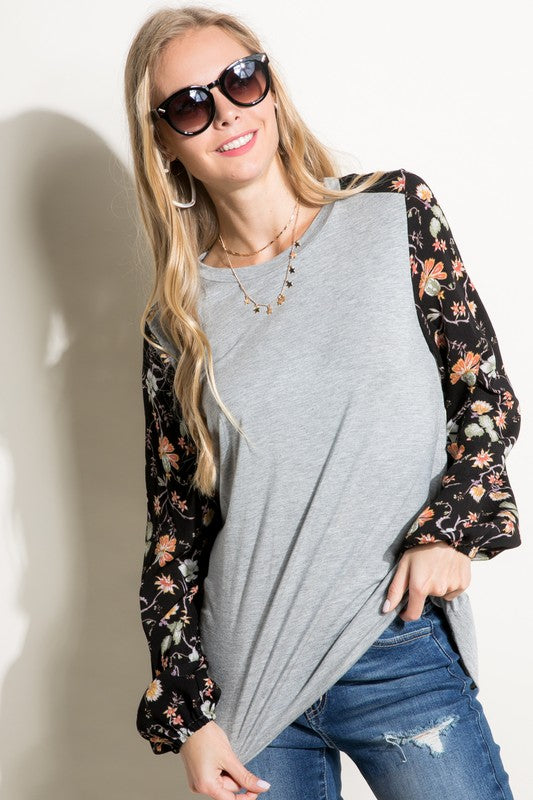 PLUS SOLID AND FLORAL PRINT MIXED CASUAL TOP