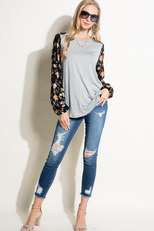 PLUS SOLID AND FLORAL PRINT MIXED CASUAL TOP