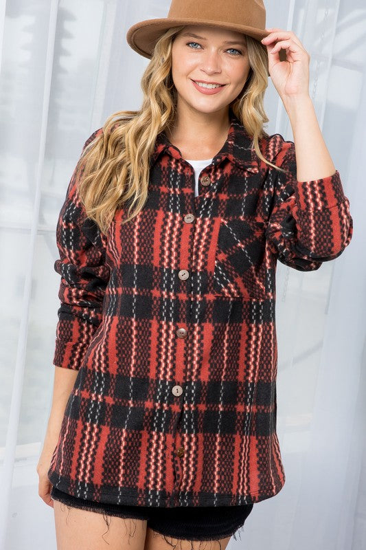 FUZZY PLAID BUTTON DOWN SHACKET